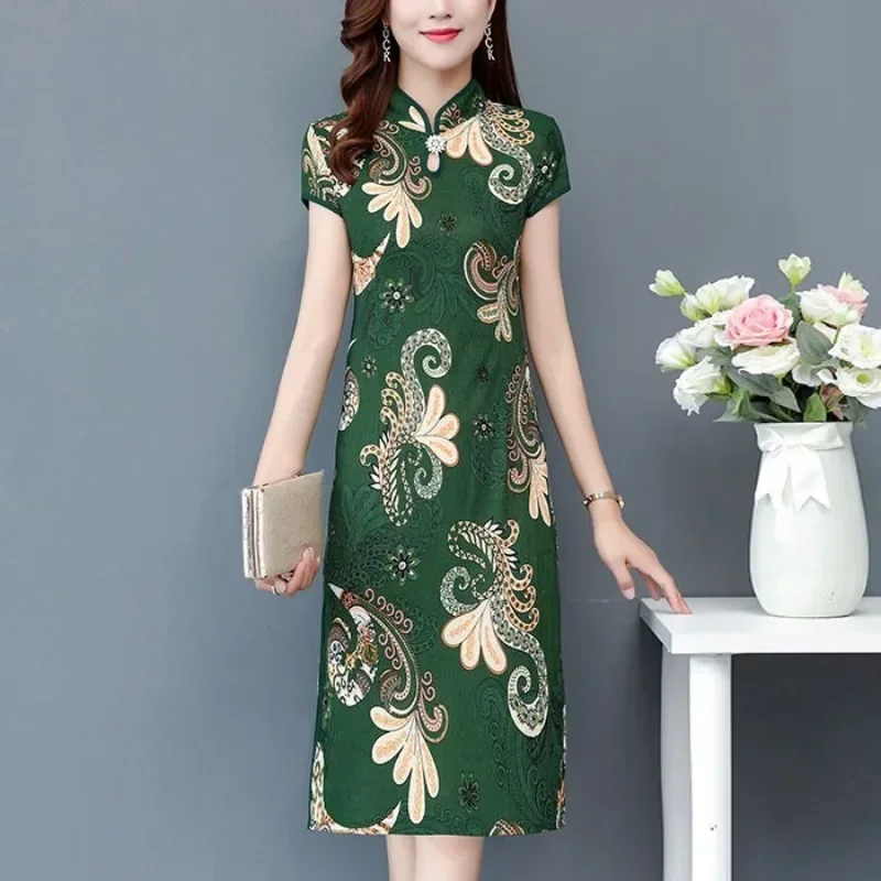 

Spring Summer Fashion Round Neck Cheongsam Short Sleeve Casual Women's Dress Print Sexy Vestidos De Fiesta Chic Female Clothes