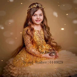 Strapless Gold Flower Girls Dresses for Women 2024 Summer New Full Sleeve Christmas Gowns with Sequined فلور فتاة اللباس Zipper