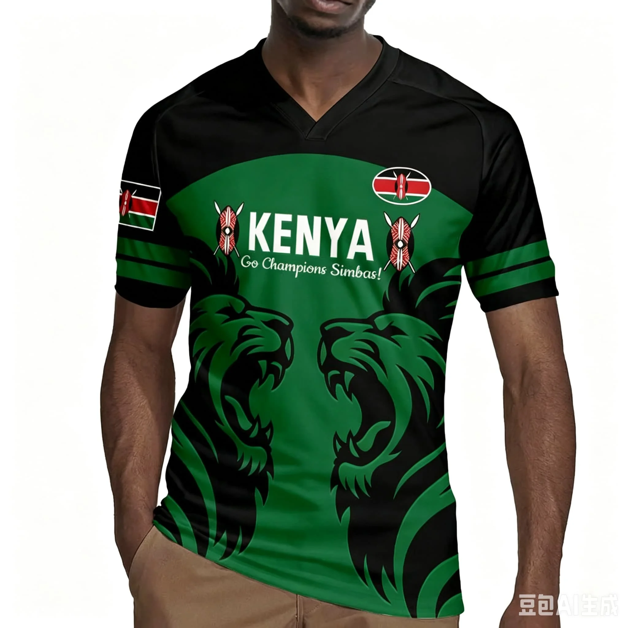 Men V Neck Rugby Jersey 3D Full Print T Shirt Black Green Double Lion Flag Pattern Short Sleeve Sports Training Casual Tops Male