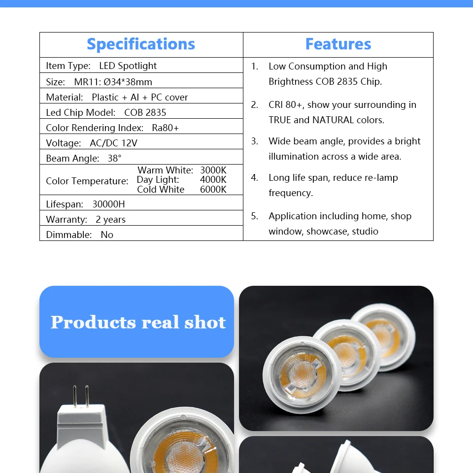 16PCS Energy Saving Led Bulb Mr11 GU4 12V 3W COB Mini Spotlight high lumen warm white light instead of 50W halogen lamp