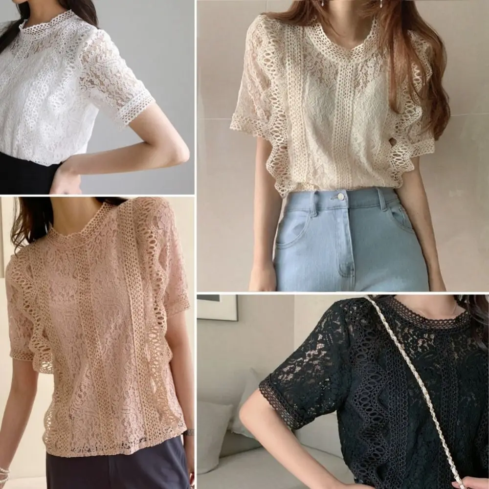 

Elegant Sweet Short Sleeve Lace Shirts Loose Chic Hollow T Shirt Round Neck All-match Crochet Crop Top Beach