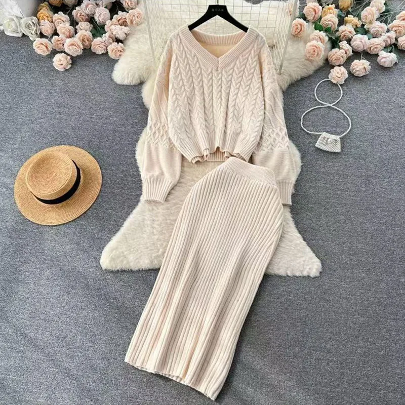 투피스 케이블 니트 드레스 세트 여성용 매칭 세트 솔리드 V넥 풀오버 발목 길이 엘라스틱 웨이스트 스커트 2025 가을 겨울