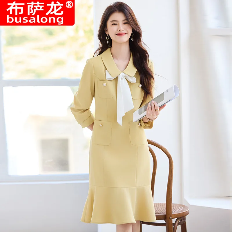 

2025Новое модное женское платье с воротником-костюмом, длинный рукав, застежка талии, элегантное профессиональное платье, рабочая одежда, деловая одежда
