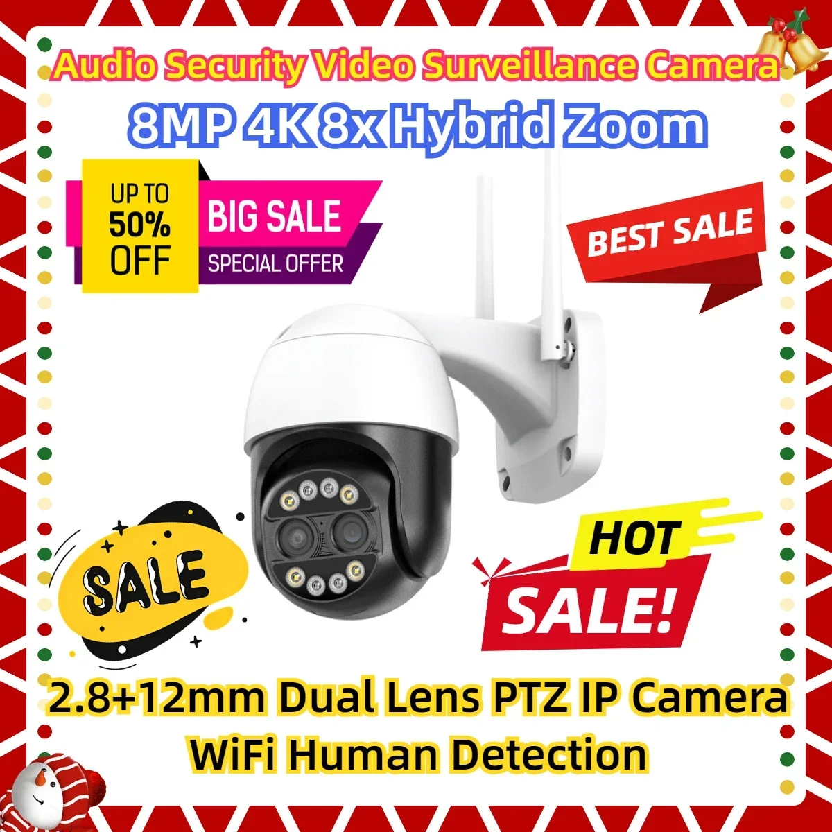 

2.8+12mm Dual Lens PTZ IP Camera WiFi Human Detection Audio Security Video Surveillance Camera 8MP 4K 8x Hybrid Zoom