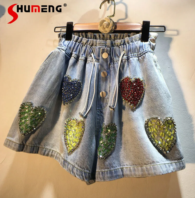 Women's Exquisite Rhinestone Beaded Sequins Love Jean Shorts 2023 Summer New High Waist Slimming Wide-Leg Denim Shorts Street