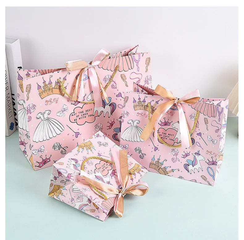 Cartoon Printed Pink Gift Bag Gift Wrapping Birthday Party Gift  Clothing Portable Paper