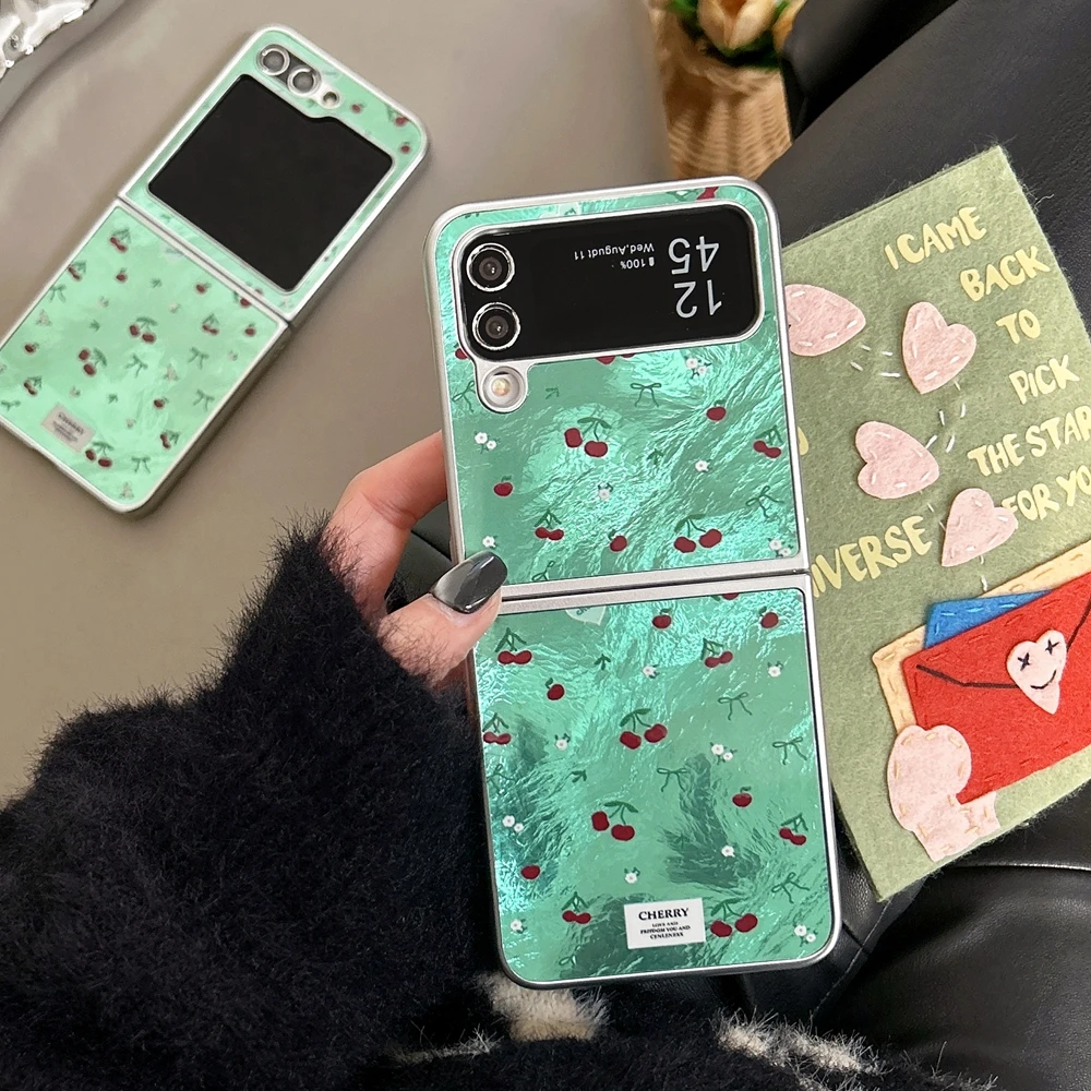 For Samsung Galaxy Z Flip 6 5 4 3 Case with Red Cherry Blossom & Green Grass - Shockproof Luxury Glitter Phone Cover For Girl