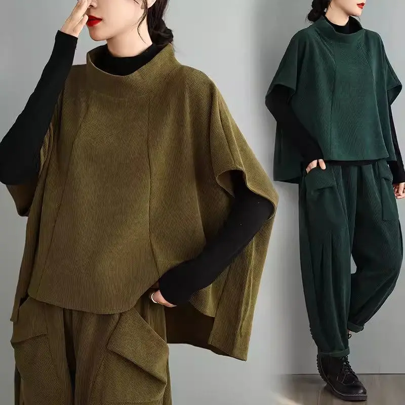 Mode großes Set für Frauen neue Herbst koreanische Harems hose Stehkragen Halbarm Pullover Top zweiteiliges Outfit k2270