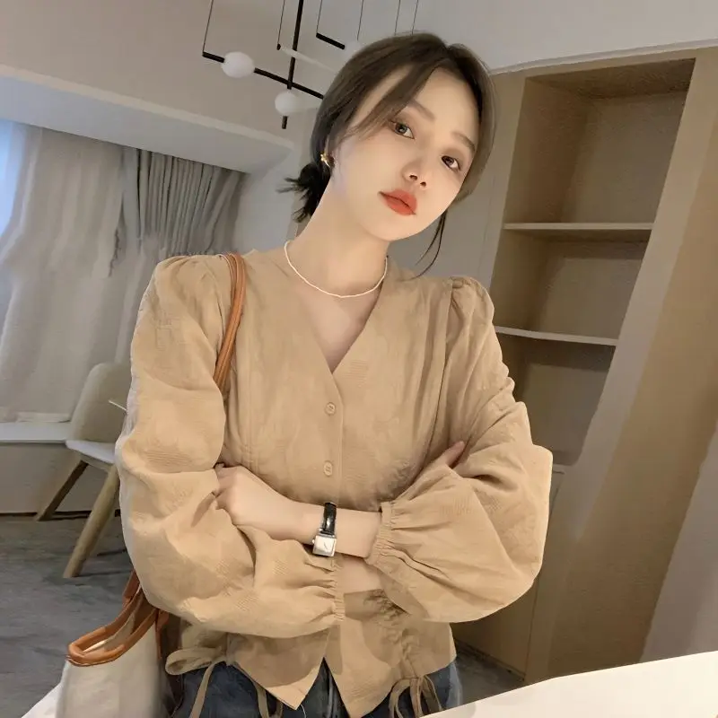 Vintage Lazy French V Neck Side Drawstring Design Shirts Casual Office Lady Women Coat Blouse Y2k Elegant Clothes