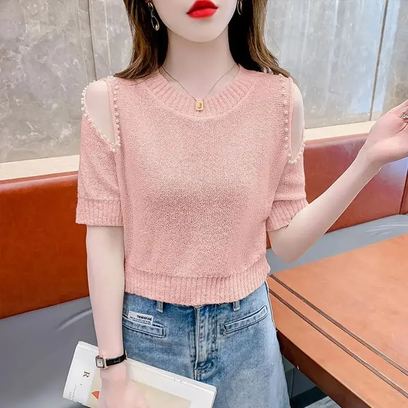 Summer Solid Color Tops Fashion Simplicity Commute Short Sleeve Crew Neck Hollow Out Beading Knitted Sweater Women\'s T-shirt