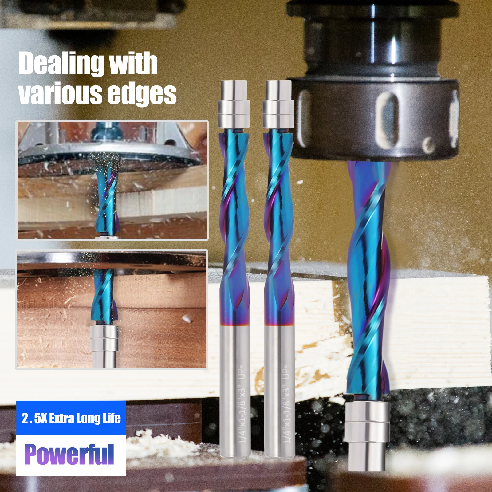 HOZLY 1pcs 6.35mm Wood Trimming Router Bits UP Cut Down Cut Compression Spiral Milling Cutter for Wood CNC Bearing Trim Tool