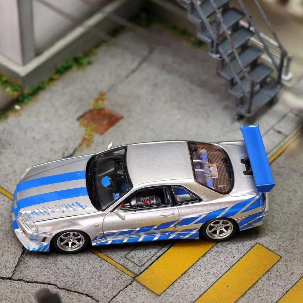 Mega 1:64 for Skyline GT-R R34 FNF Silver Movie Version Open Hood Diecast Model Car Limited Collection