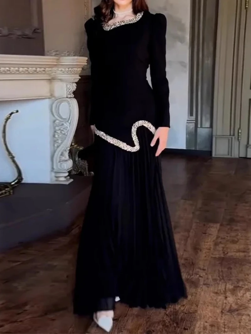 Eid ชุดสตรีมุสลิม Abaya จีบเสื้อกระโปรง 2 ชิ้นชุดเพชร Ramadan ชุดยาว Vestidos Largos อาหรับยาว Robe