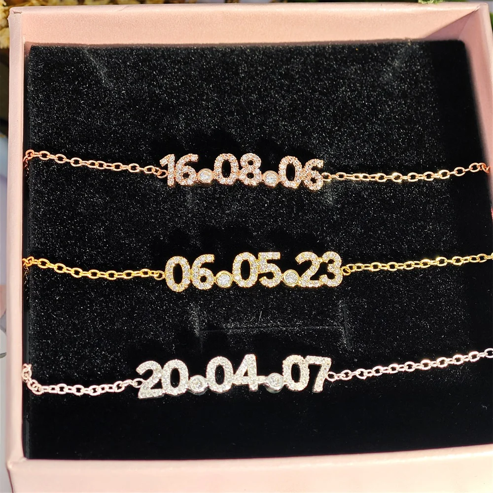 2023 Custom Anniversary Date Bracelet Personalized Number Zircon Charm Bracelet Chain Memorial Women Gifts Jewelry