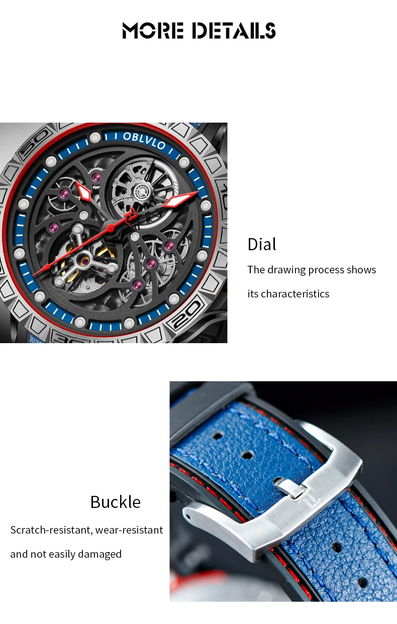 OBLVLO メンズ自動腕時計 47 ミリメートル高級機械式腕時計防水サファイア発光スケルトンダイヤル