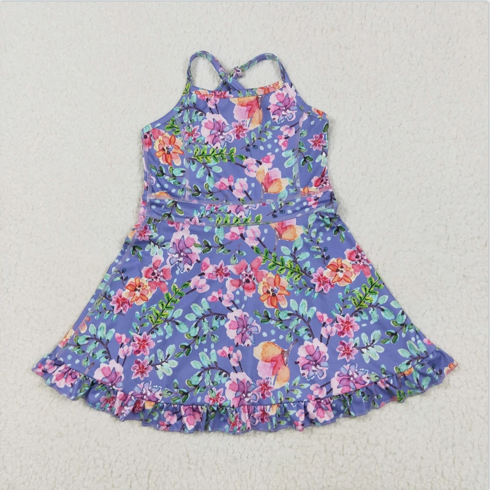 

Swimsuits Sibling Baby Girls Purple Strap Floral Sports Wear Yoga Athletic Knee Length Kids Designer Cute Girls Dresses