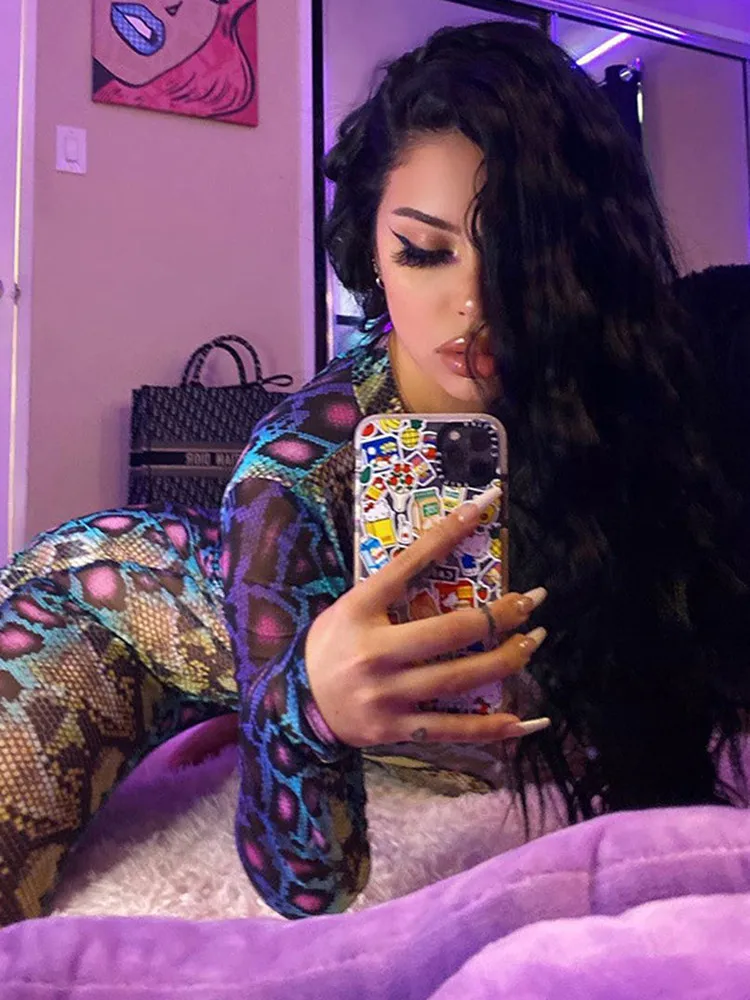 WeiYao Sexy Spicy Women Jumpsuit Serpentine Print O-neck Long Sleeve Bodycon Jumpsuit Party Club Streetwear Chic Women Clothes