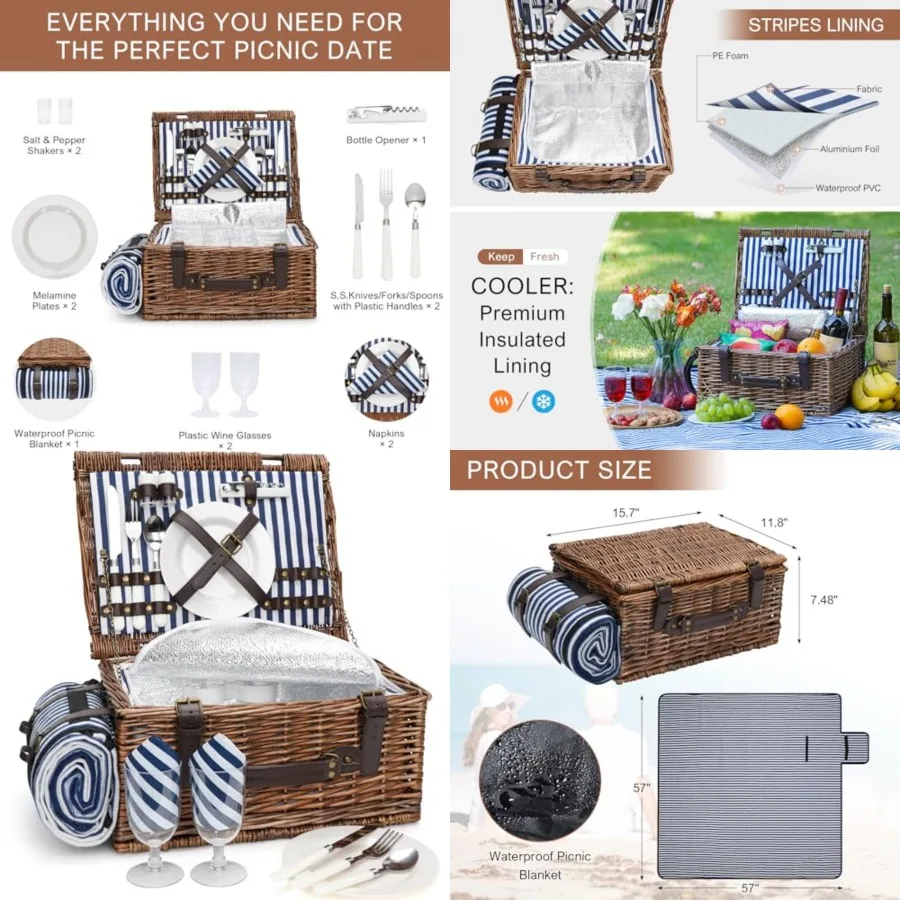 

Picnic Basket for 2 Persons - Baskets with Cooler and Picnic Blanket, Classical Wicker Picnic Basket with Waterproof and Sand-P