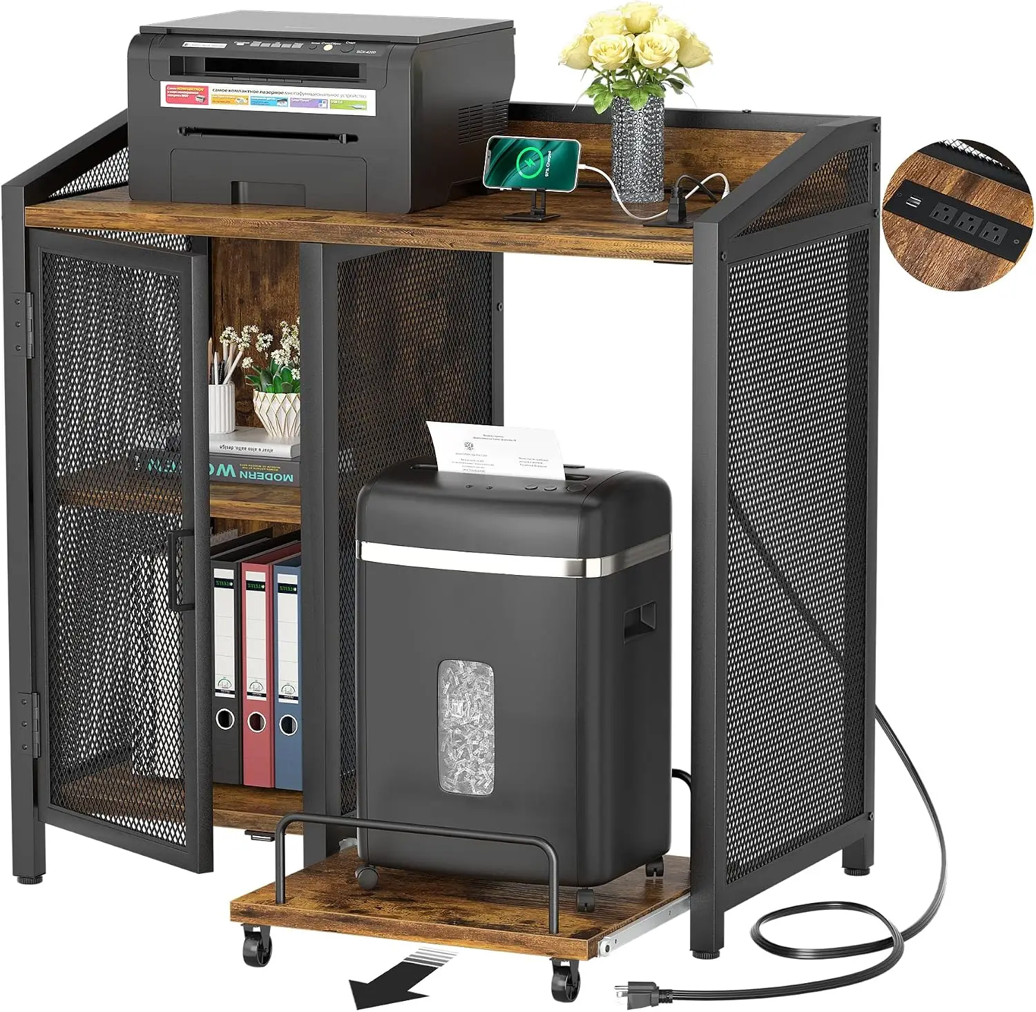 Large Printer Stand with Power Outlet and Adjustable Storage | Printer Table With Paper Shredder Stand On Wheel, File Cabinet wi