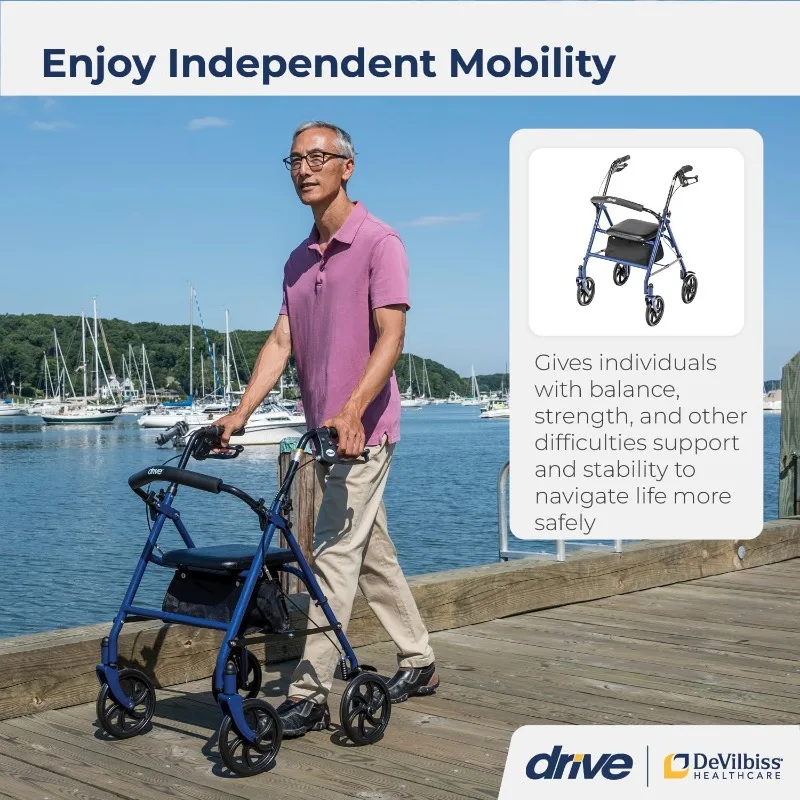 10257BL-1 4 Wheel Rollator Walker With Seat, Steel Rolling Walker, Height Adjustable, 7.5