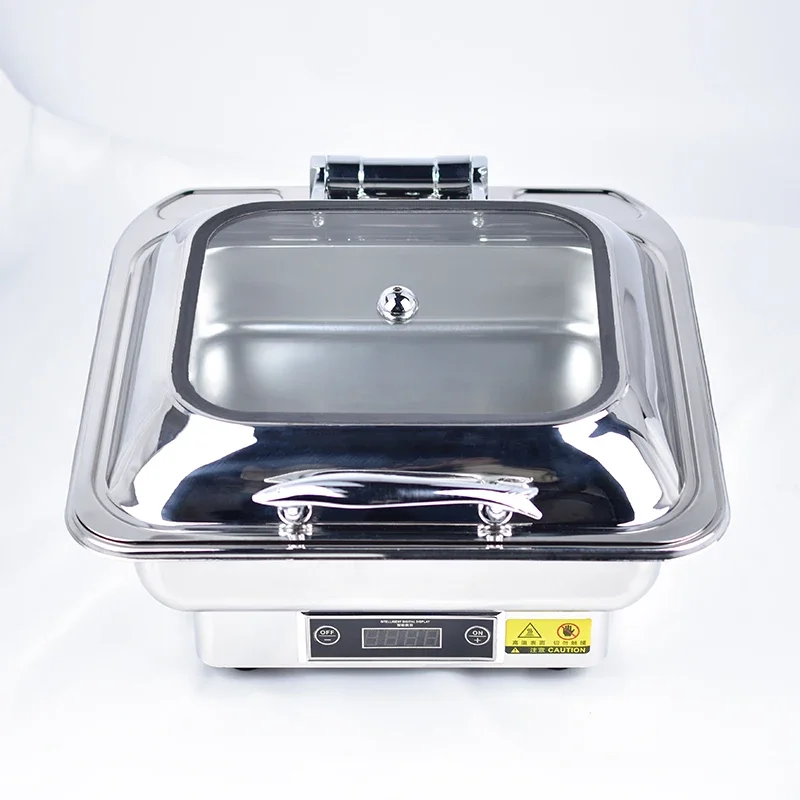 Rectangle Full Size Stainless Steel Roll Top Buffet Stove Servers Food Warmer with Glass Lid