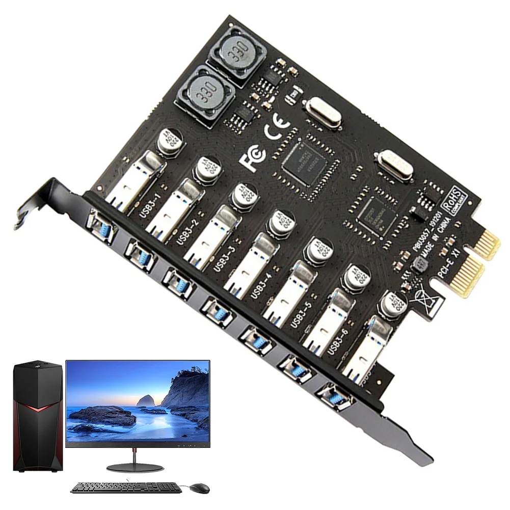 7 Ports USB 3.0 PCI-E Erweiterungskartenadapter 5 Gbit/s PCI Express Connector Externer Controller für Windows 11/10/8/7/XP/Linux