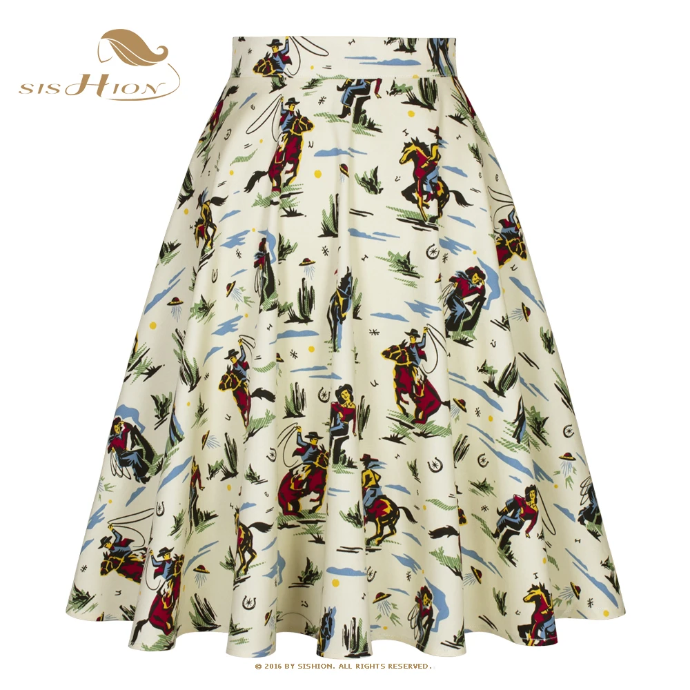 SISHION 2025 Cotone Moda Anni '50 Anni '60 Retro Rockabilly Gonna Vintage VD0020 Beige West Cowboy Stampato Donna Gonne Estive Jupe