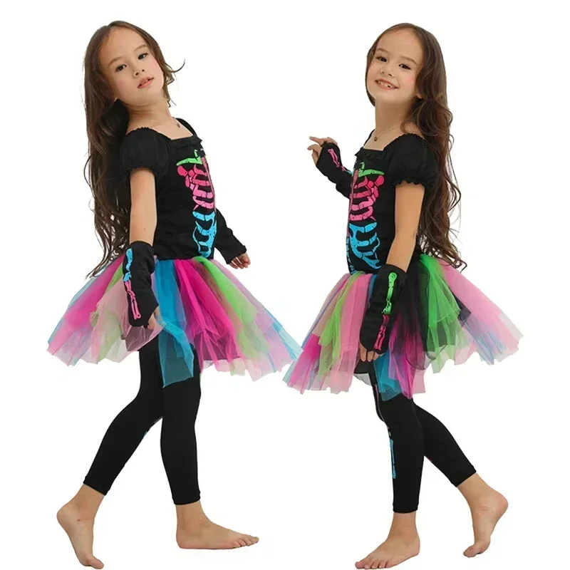 Kinder-Halloween-Hexen-Outfit für Mädchen, farbiges Skelettmuster, Tutu-Kleid, Leggings, Hut, Besen, Halskette, Süßigkeitentasche, Party-Kostüm-Set – Detail 12