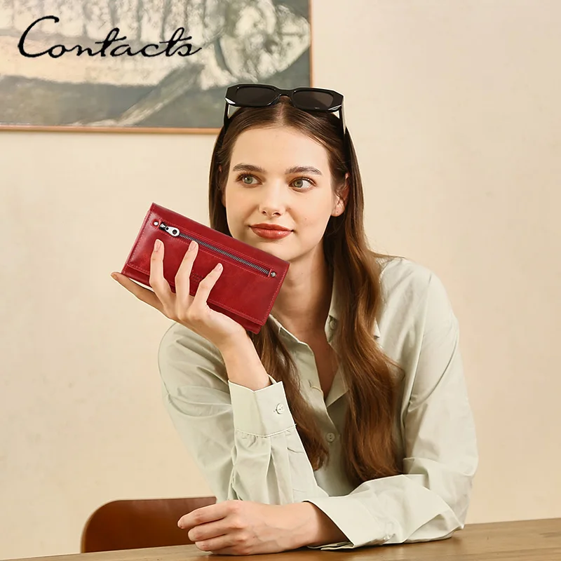 

CONTACT'S Fashion Genuine Leather Long Wallet Women Metal Zipper Photo Card Holder Money Bag Female Family Gift Coin Purse