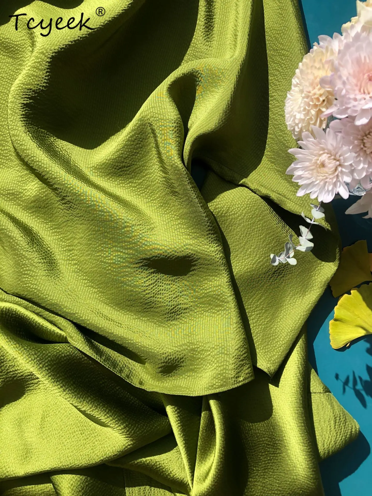 Tcyeek 17mm 100% vestido de chá de seda amoreira, mulher pérola cetim fora do ombro meia manga moda maxi vestido, 2025 summerd54604jf