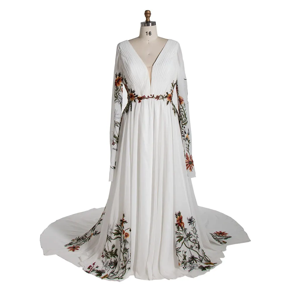 

Embroidered Bohemian Wedding Dress Colorful Floral Lace Texture Pleated Crepe Chiffon Wedding Gown YE2532