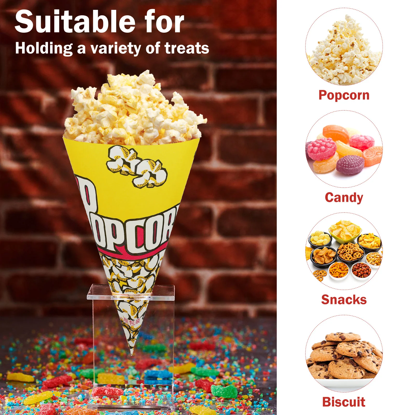 50 Pcs Popcorn Container Cone Bag Holder Bags Packing Cookie Clear Mugs Paper Cinema Wrap Shaped for Party Child Popcicles