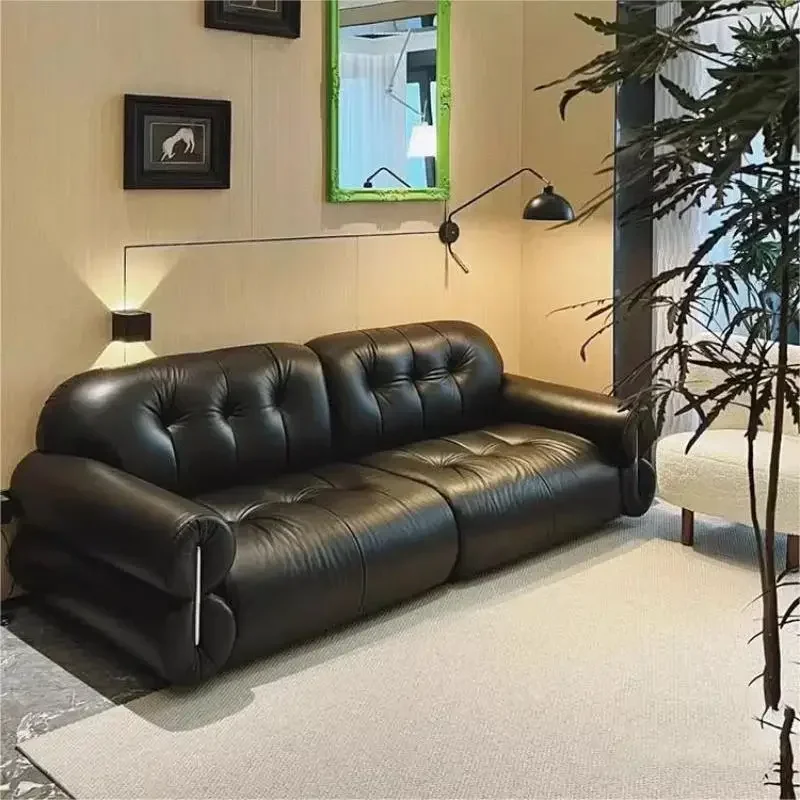 Living room furniture straight row black leather sofa French retro brown sugar cloud sofa sofa combination