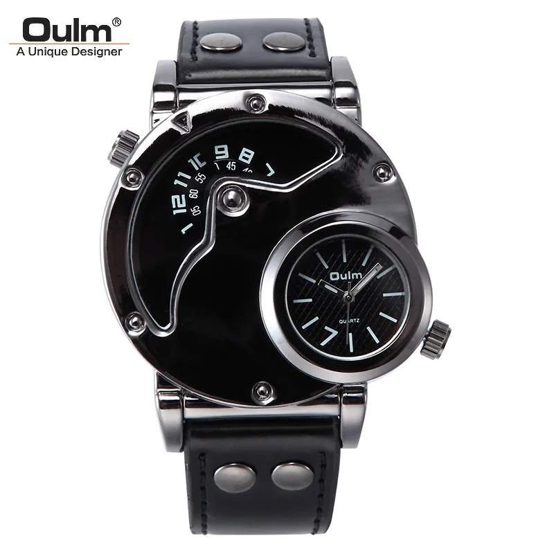 Fashion Oulm Top Brand Men\'s Students Dual Time Zone Personalized Outdoors Military Sports Quartz Leather Wrist Watches