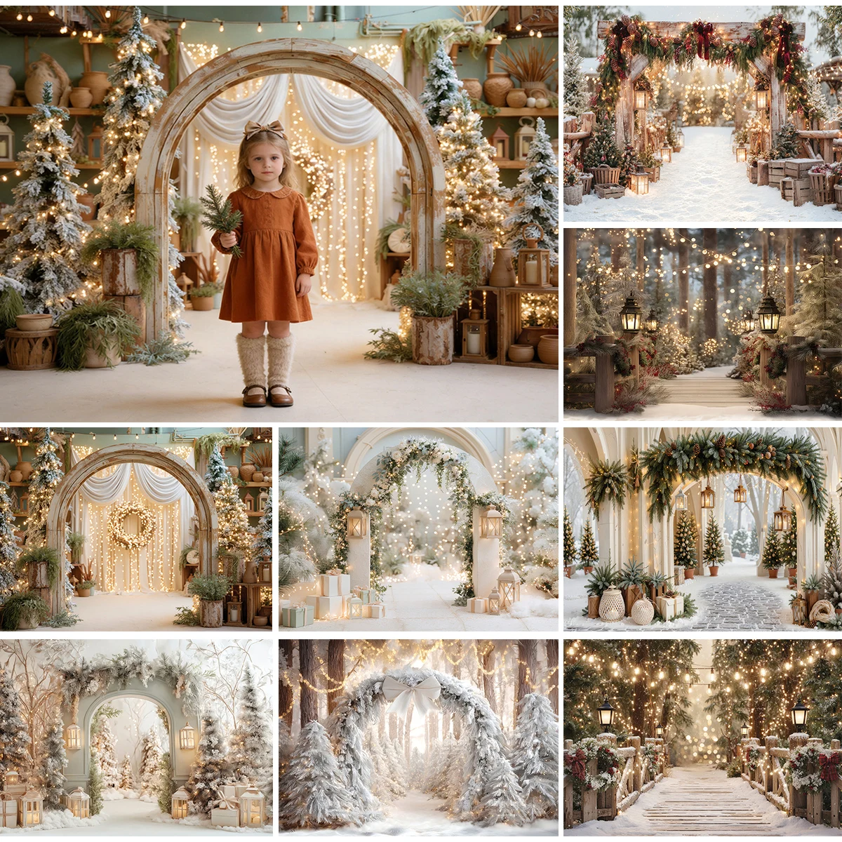 Elegant White Snow Christmas Arch Forest Backdrop Warm Glowing Fairy Light Xmas Photo Background For Children And Adults Shot
