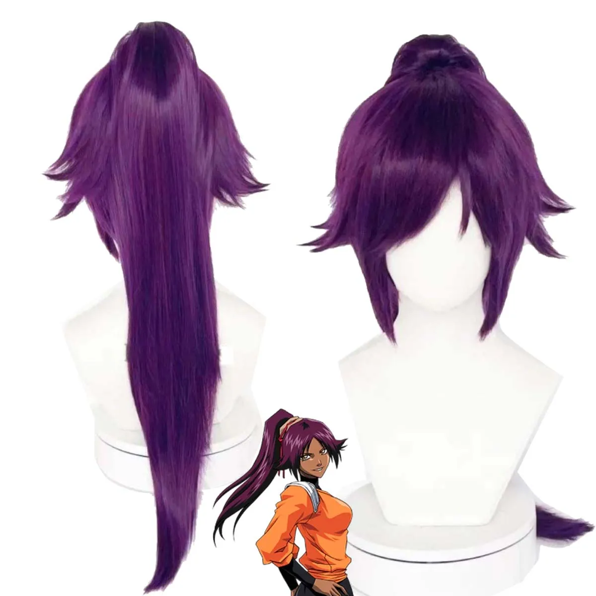 Shihouin Yoruichi Cosplay-Perücken, Hochtemperaturfaser, Kunsthaar, lila gemischter langer Chip-Pferdeschwanz