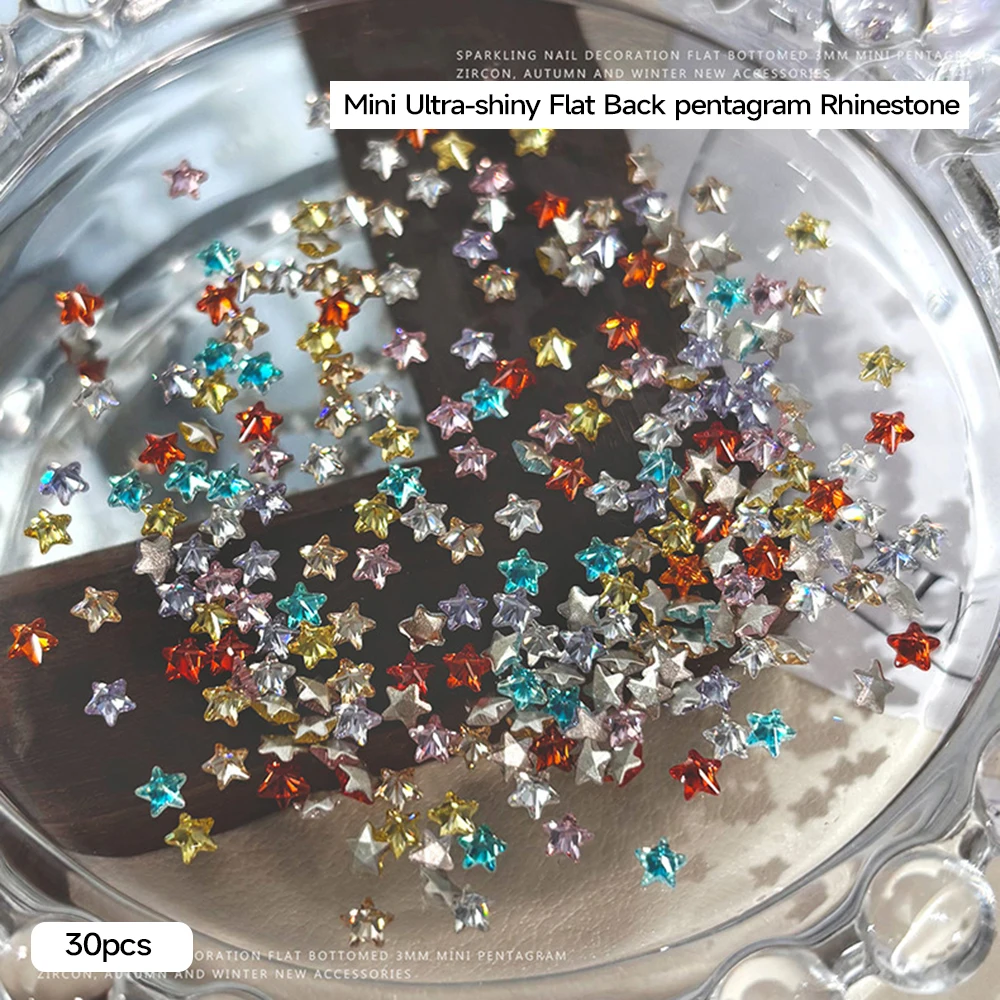 30 Stück 3 mm Mini fünfzackiger Stern Zirkon Nail Art Charms 3D funkelnde gemischte flache Rückseite Pentagramm Nagel Strass DIY Winter Dekor – Detail 6