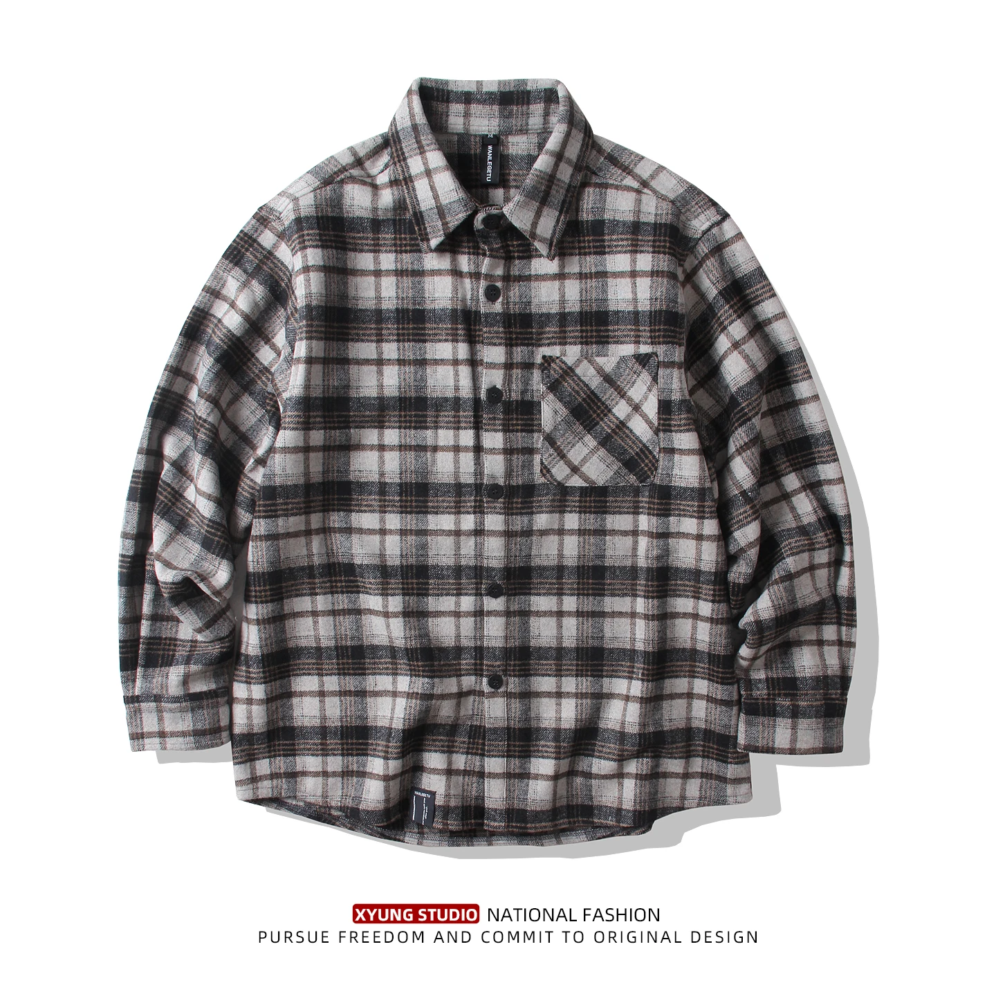 

Men's Casual Plaid Wool Blend irt Thi Long Sve Leisure Turn-down Collar Outerwear Artistic Retro Trend Outerwear