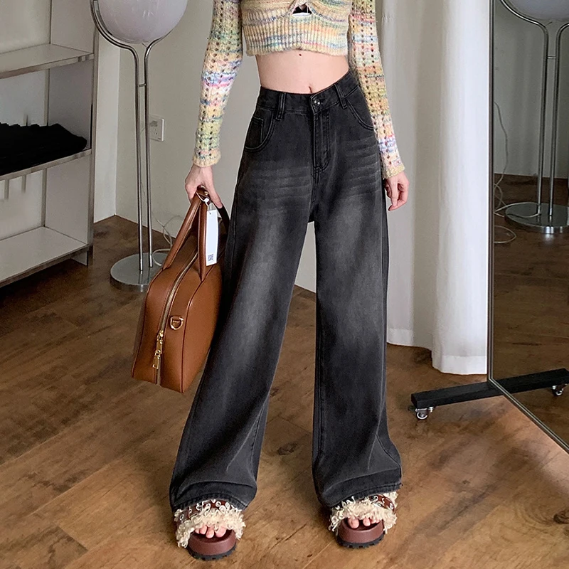 

Korean Vintage High Waist Women's Jeans Y2K Slimming Pear-Shaped Loose Straight Bell Bottoms Black Gray Baggy Denim Trousers