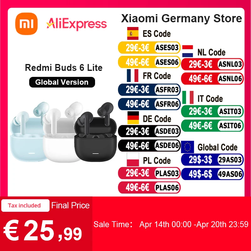 Algemene versie Xiaomi Redmi Buds 6 Lite oortelefoon Bluetooth 5.3 Ontwerpopgrade Geoptimaliseerd