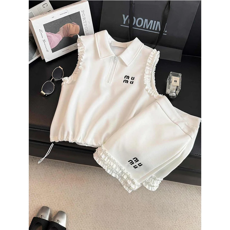 

Korean Ruffles Polo-Neck Sleeveless Tank Top Skirt Sets 2025 New Summer Casual Fashion Letter Solid Color Two-piece Suit Women