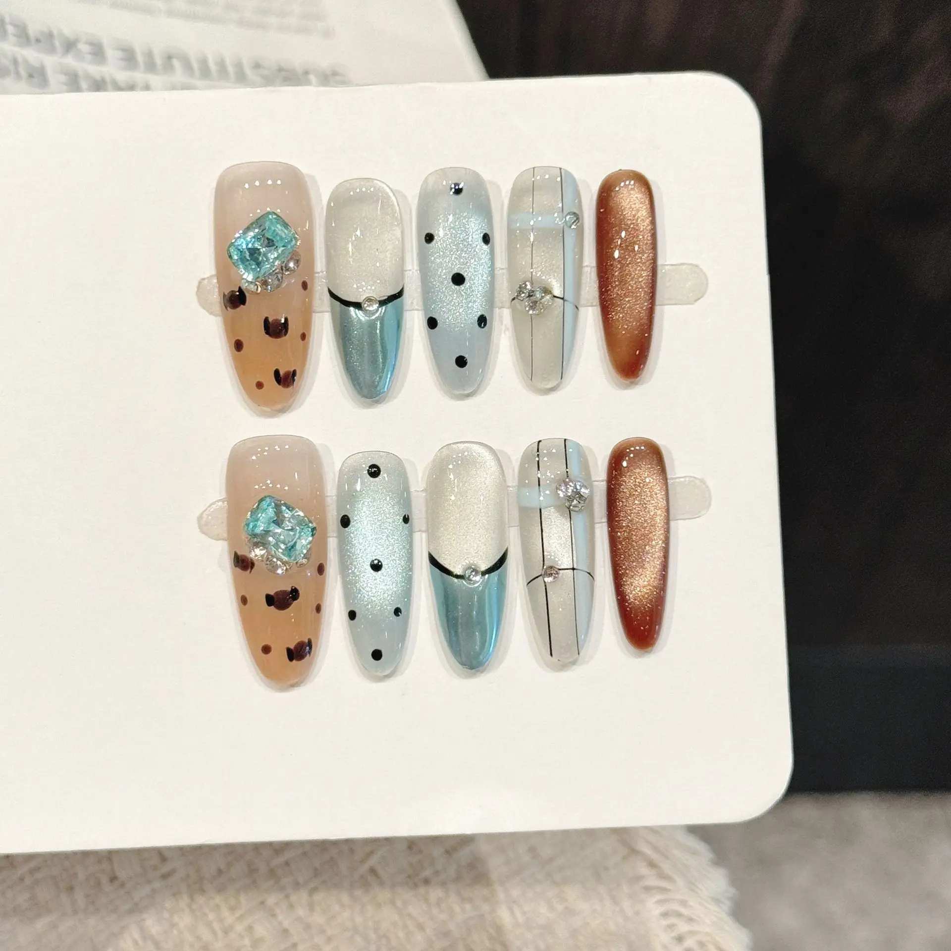 10pcs Handmade Press On Nails Retro Blue Brown Cat's Eye False Nails Polka Plaid French Style Long Almond Fake Nail With Diamond