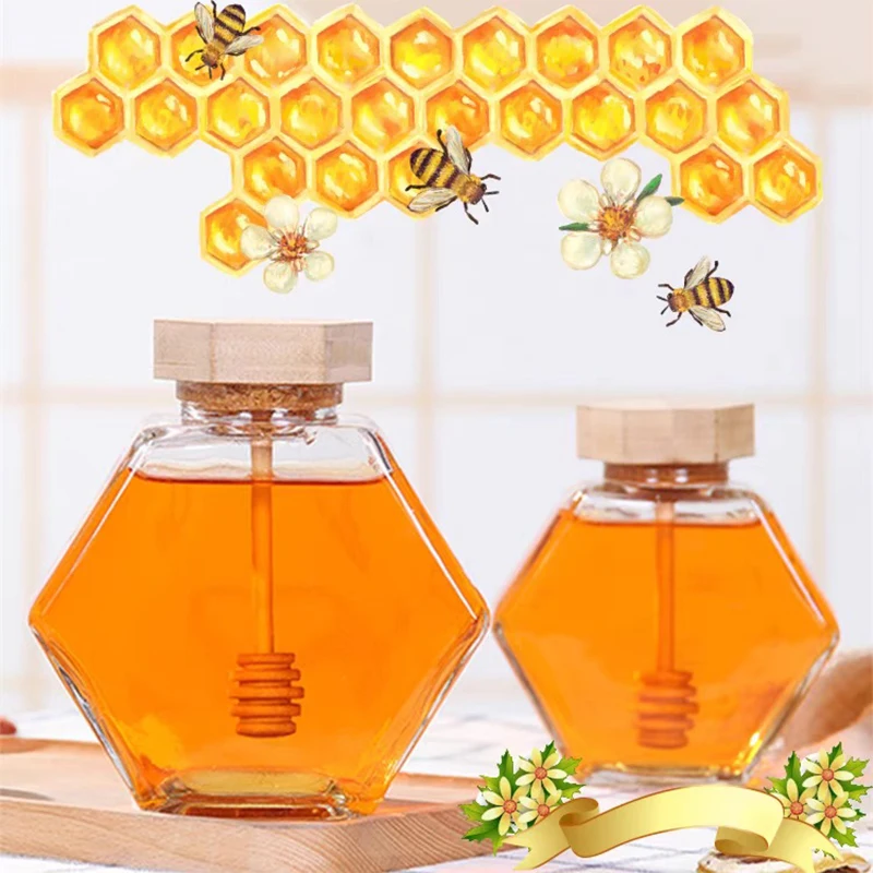 1pc Hexagonal Glass Honey Jar Transparent Jam Jar With Wooden Stirring Stick Kitchen Storage