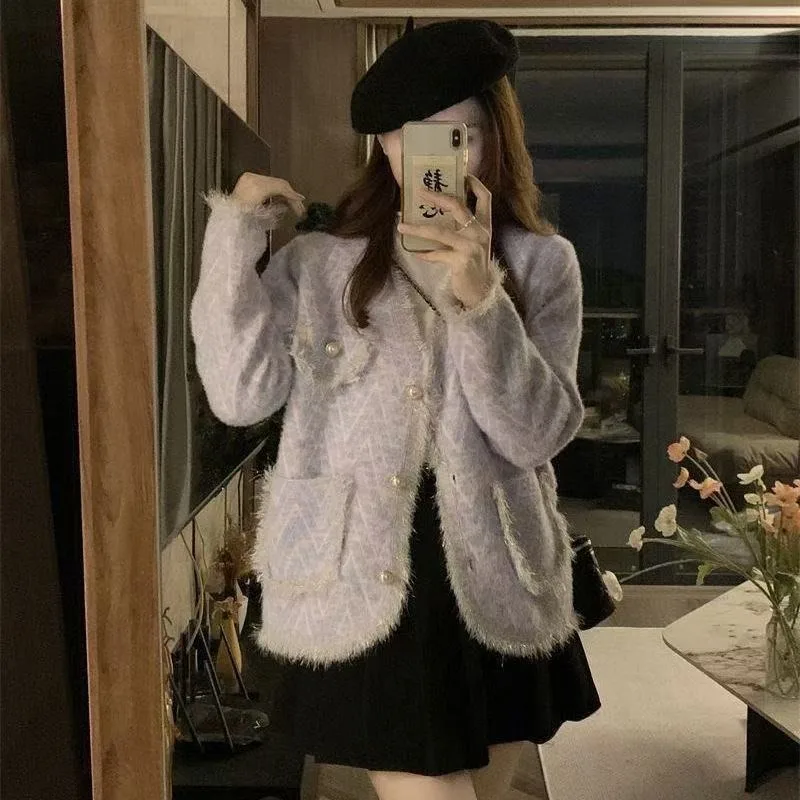 Celebrity Long-sleeved Collar Small Fragrant Romantic Jacket New Meat-covering Loose-knit Sweater Mink Cardigan