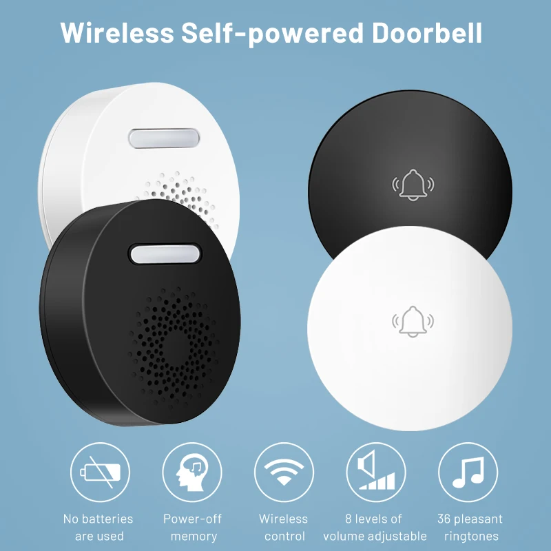 Wireless Doorbell No Battery  required EU/US Plug Wireless Self-Powered Door bell Sets Home Outdoor Kinetic Ring Chime