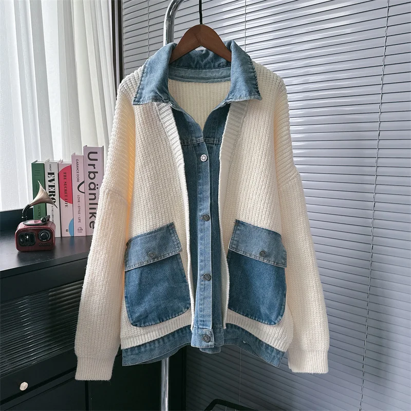 Korean version fake two-piece sweater jacket women 2024 autumn&winter new trend loose fitting patchwork denim open knit tops