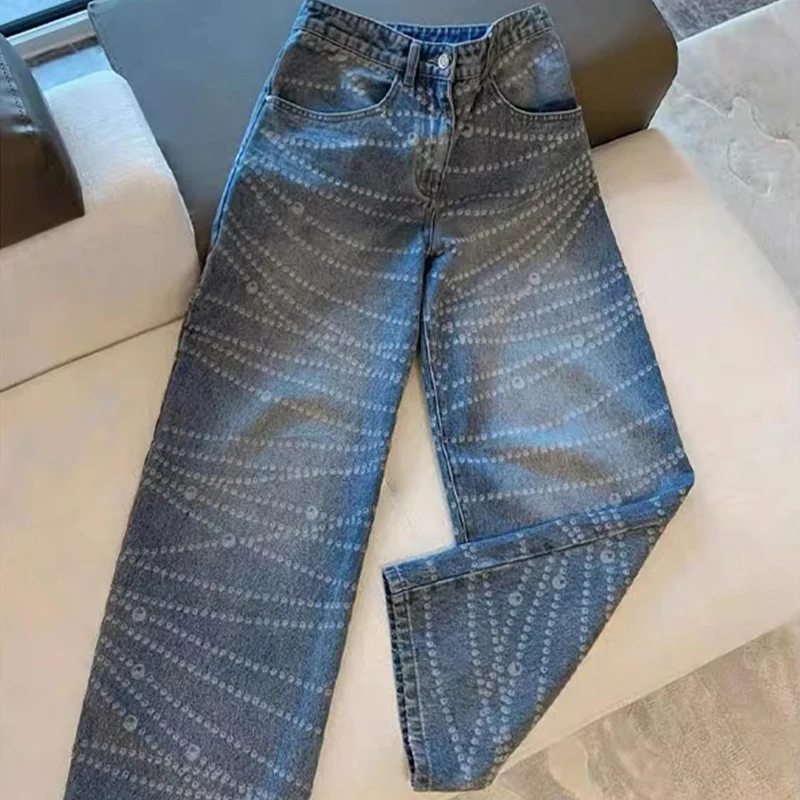 Spring Women's Pearl Craft Denim Pants High Waist Straight Leg Wide Leg Design Slimming Effect Casual All Seasons Jeans