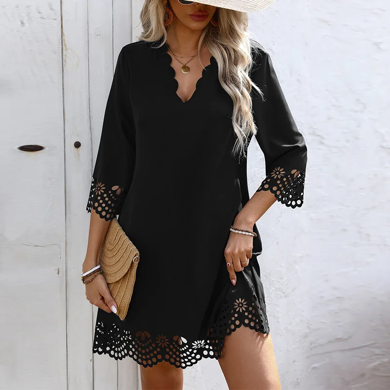 Women's Scalloped V-Neck Shift Dress 3/4 Sleeve Laser Cut Floral Hem Black Mini Dress for Summer Casual and Beach Wear