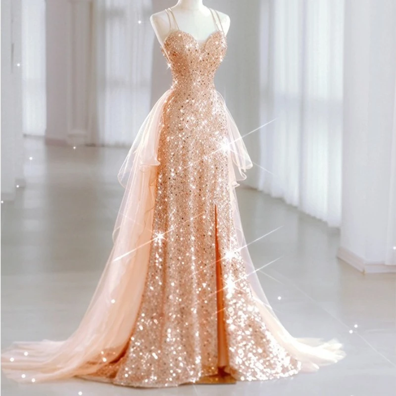 Роскошные вечерние платья цвета шампанского, золотое платье на тонких бретельках, русалка с бисером, лента с блестками, сексуальный шлейф, платье для невесты, пляжной вечеринки, выпускного вечера, 2025