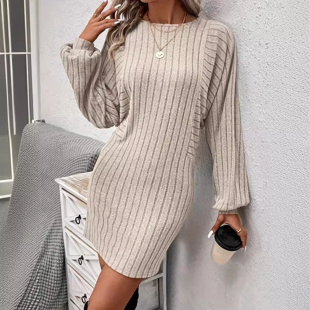 Knitted Dress Women Mini Dresses Knitting A Line Autumn Winter Office Lady 2025 Round Collar Knitwear Above Knee Vestidos